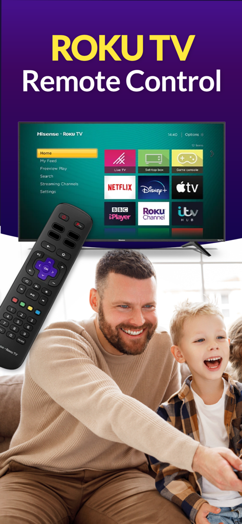 Remote for Roku TV & Channel - Un padre y un hijo sonriendo mientras usan la aplicación de control remoto de Roku TV