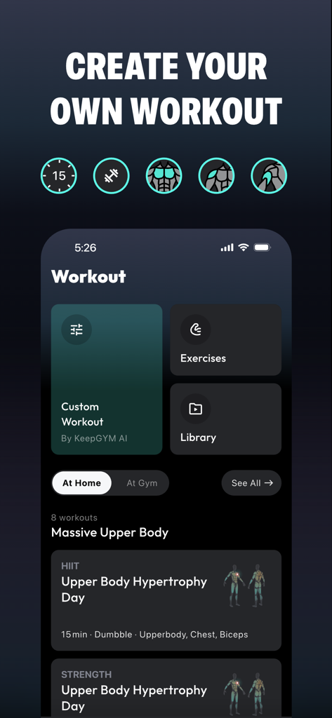 Keep Gym - Muscle Booster - AIカスタムワークアウト作成と自宅対ジムトレーニングトグル機能を備えたKeep Gymアプリダッシュボード