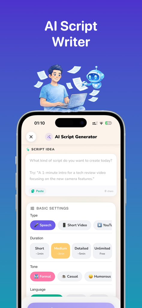 AI script writer interface within the teleprompter app for generating video scripts