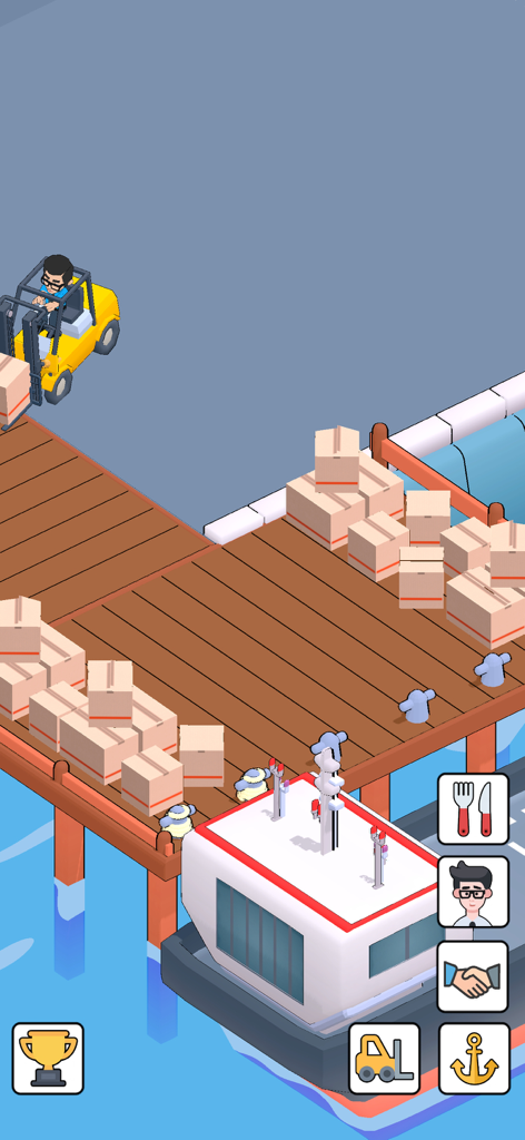 My Fishing Market  Idle Empire - Un montacargas amarillo moviendo cajas en un muelle junto a un barco en Mi Mercado de Pesca