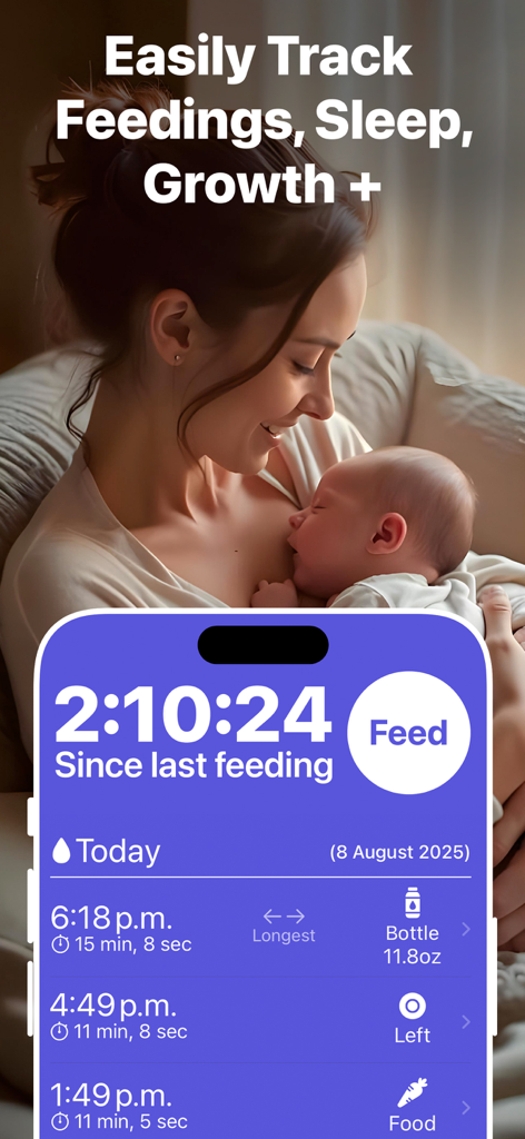 Baby Tracker & Easy Log: Grow - A mother holding a newborn baby above a mobile app interface showing a feeding timer and daily logs