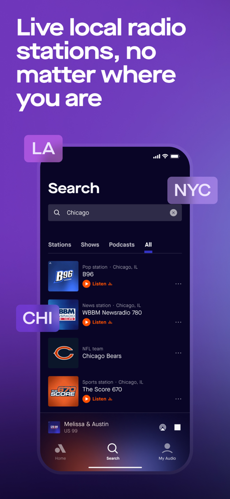 Audacy: Radio & Sports Talk - Resultados de búsqueda de la aplicación Audacy para Chicago con estaciones de radio locales, canales de noticias y equipos deportivos