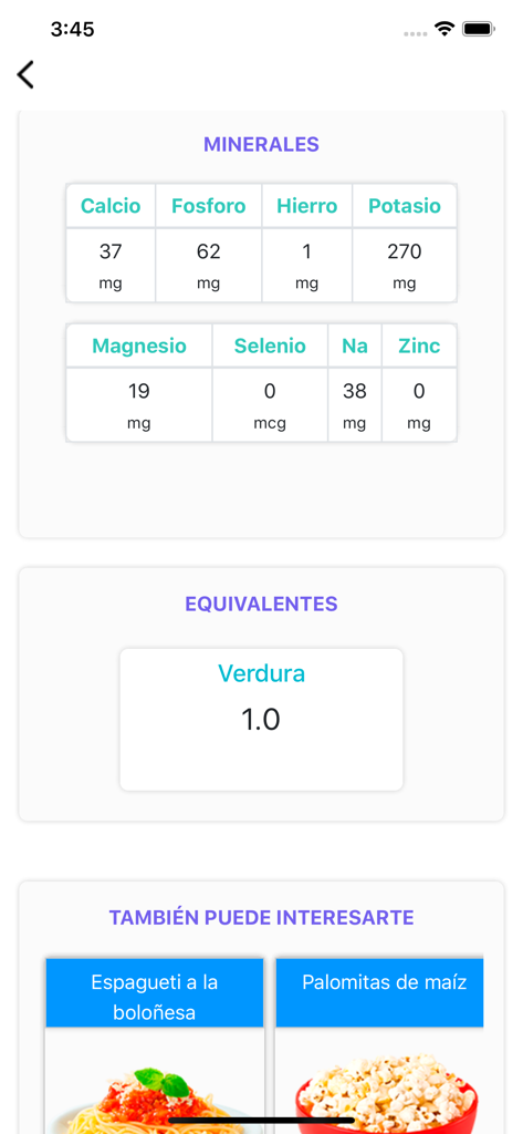 Sistema Digital de Alimentos - ミネラル含有量テーブルと食品等価物が表示された栄養詳細セクションのスクリーンショット。
