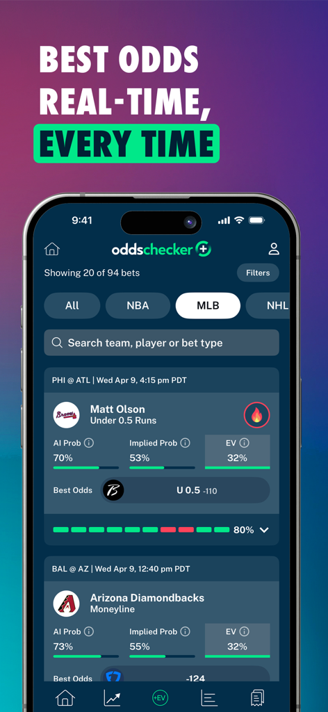 Screenshot of Oddschecker plus app showing AI predictions and real time betting odds for MLB games
