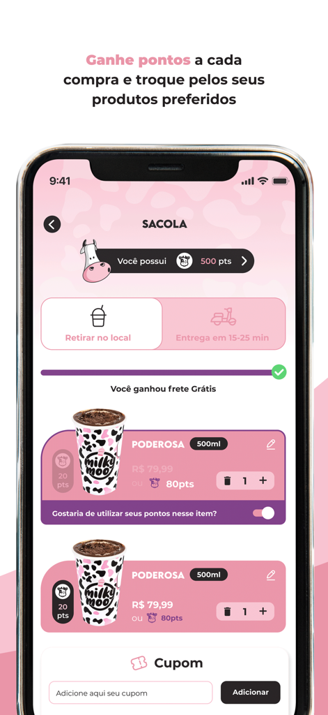 Milky Moo - Milky Moo app shopping bag screen showing milkshake orders and loyalty points