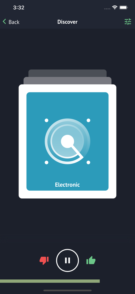 LabelRadar app Discover screen with an electronic music card and swipe controls for music scouts