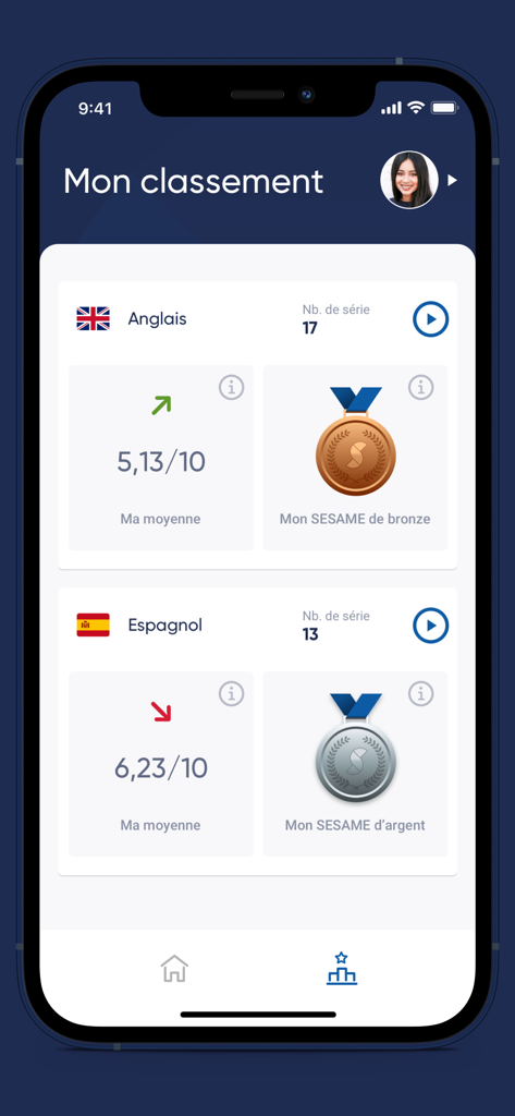 Concours SESAME 2026 - Tableau de bord de classement des étudiants dans l'application Concours SESAME 2026 montrant les scores des examens de langue et les médailles remportées.
