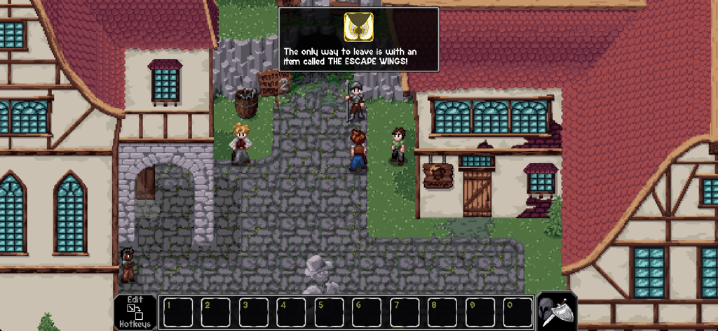 The Enchanted Cave 2 - Plaza del pueblo pixel art en The Enchanted Cave 2 con diálogo de personaje sobre alas de escape