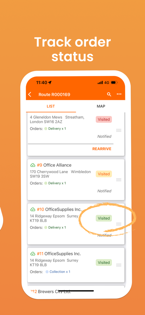 Application mobile Track-POD affichant une liste de commandes de livraison et leurs étiquettes de statut actuel