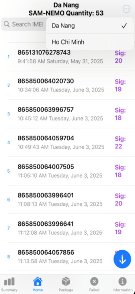Sam Database - Mobile app interface showing a list of IMEI numbers and timestamps for device verification