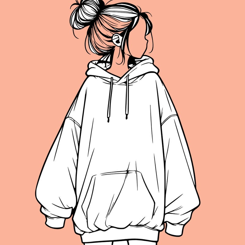 realistic girl with a oversized sweatshirt on and a bun