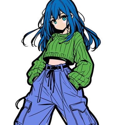 anime teen girl with baggy pants and crop top with sweater