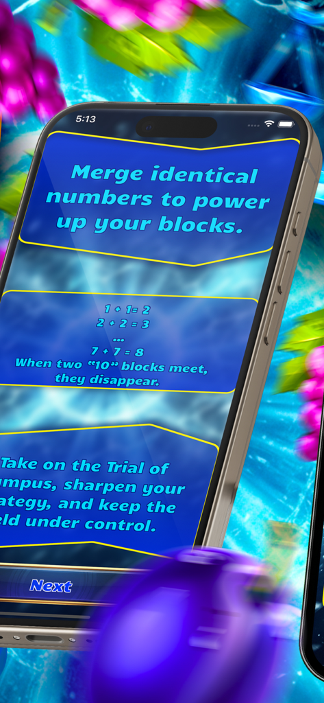 Pantalla de instrucciones para Energy Colors mostrando las reglas del rompecabezas de lógica para fusionar bloques numerados