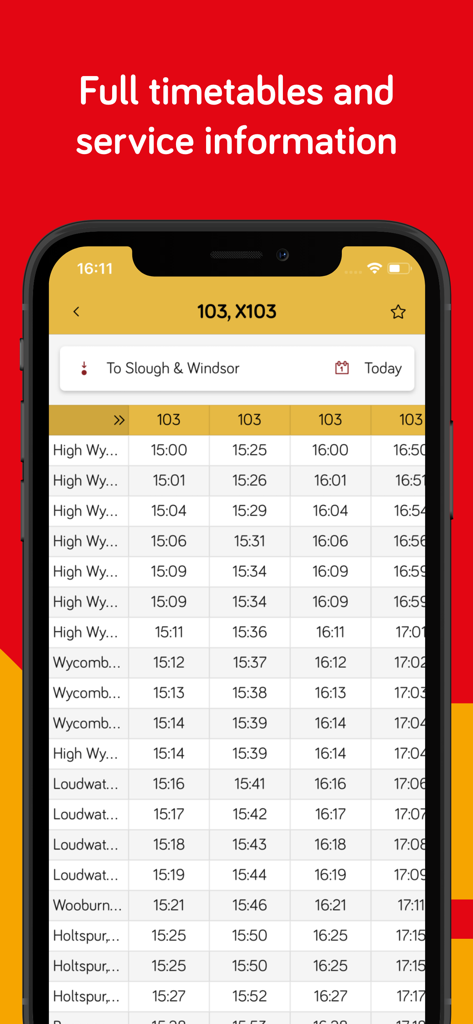 Carousel: High Wycombe buses - A mobile phone screen displaying a bus timetable for the Carousel Buses app showing route 103 departures.
