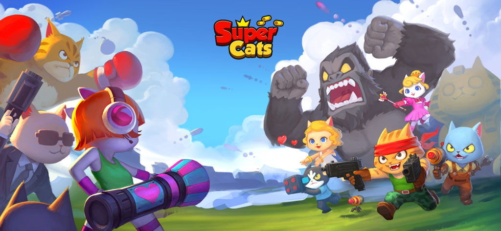 Action packed illustration of anthropomorphic cat heroes with weapons facing a giant gorilla