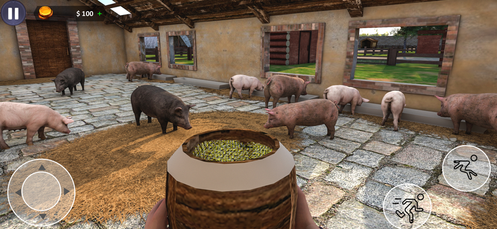 American Farming Simulator - Vista en primera persona de alimentar cerdos en un rústico granero de piedra