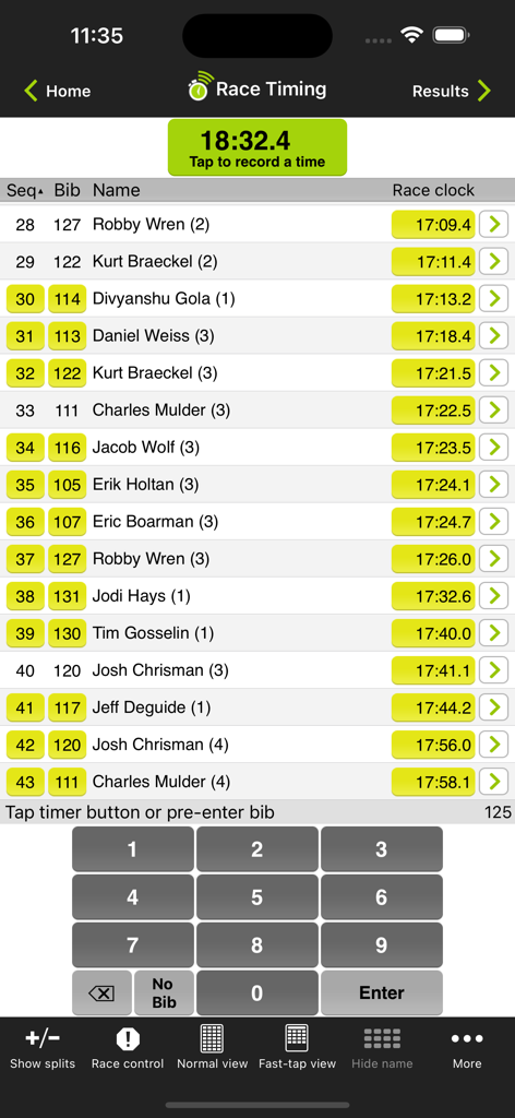 Webscorer Race Timer - Webscorer Race Timer app showing the race timing interface with a participant list and a numeric keypad for entering bib numbers