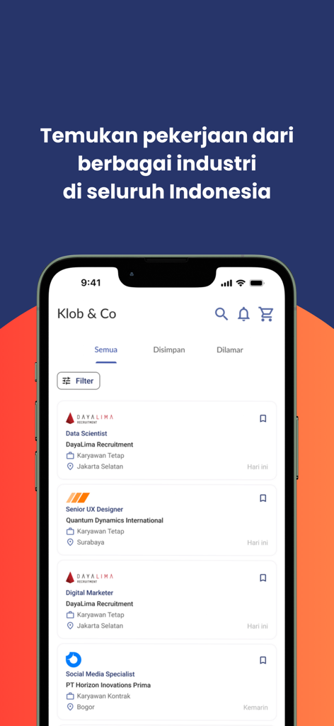 Ein mobiler Bildschirm, der die Klob-App mit verschiedenen Stellenangeboten für Data Scientist und UX Designer-Positionen zeigt.