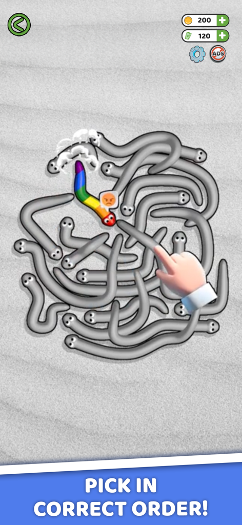 Tangled Snakes - Tangled Snakes gameplay showing a hand selecting snakes from a tangled pile to solve the puzzle.