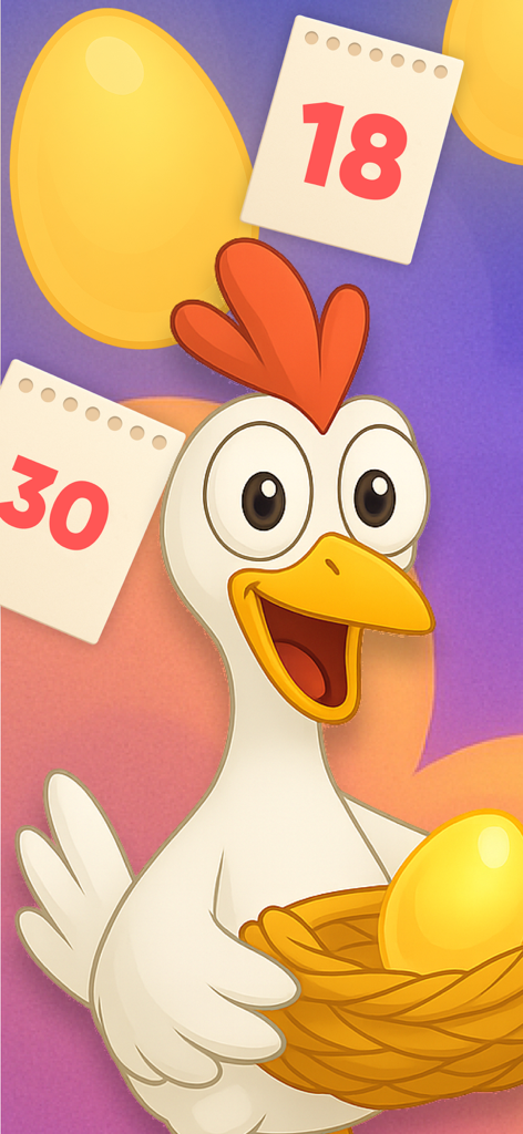 Сhеf Маstеr AI - Une mascotte de poulet dessin animé amicale tenant un œuf d'or dans un nid avec des pages de calendrier en arrière-plan.