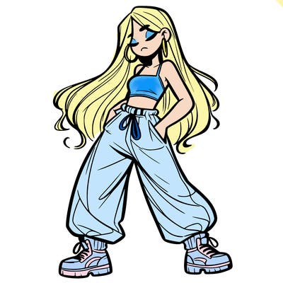 girl in baggy pants crop top and long hair