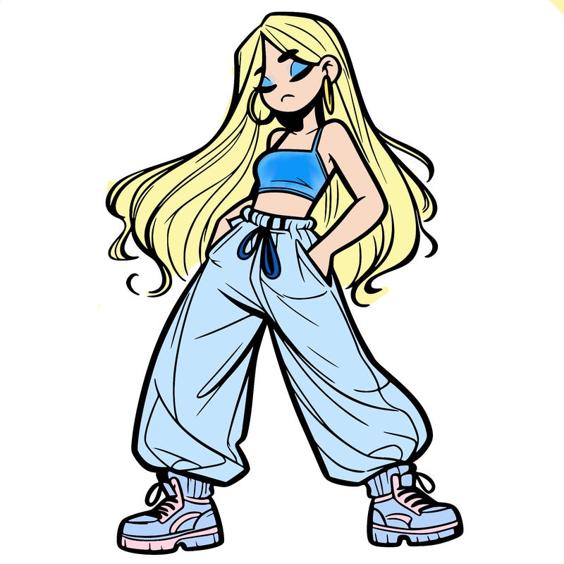 girl in baggy pants crop top and long hair