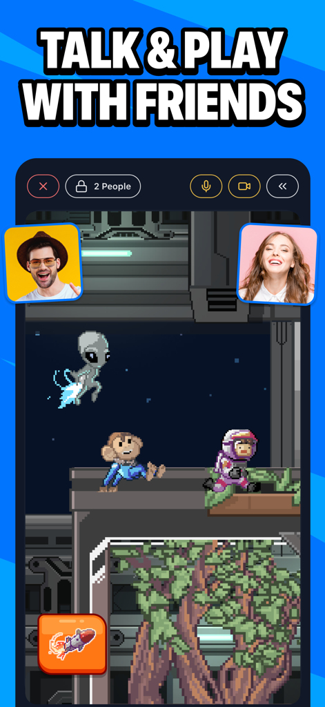 Screenshot of MiniParty app showing two people video chatting while playing a pixel art platformer game