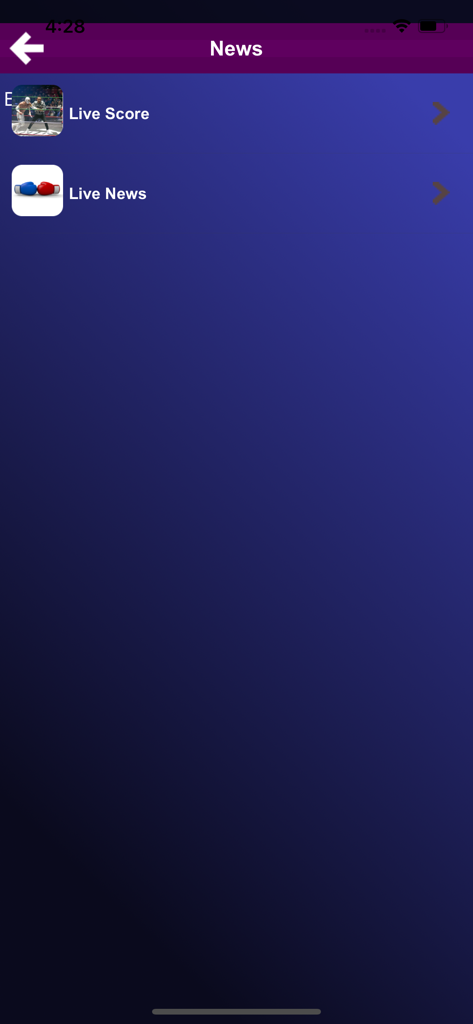 Boxing Tutorials - Screenshot of the news screen in the Boxing Tutorials app featuring live score and live news sections.