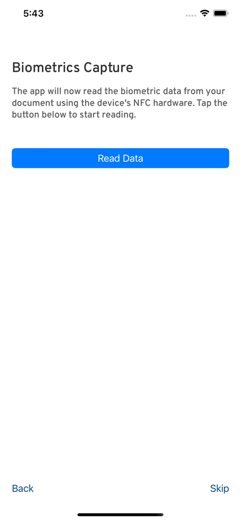 Experian Candidate RTW - NFCドキュメントスキャン用の、Experian Candidate RTWアプリの生体認証キャプチャ画面。