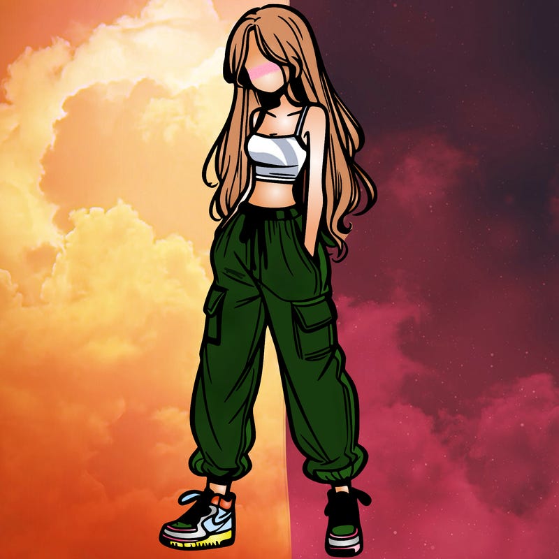 girl in baggy pants crop top and long hair