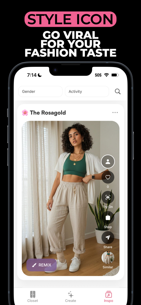 The seen app fashion feed showing a woman in a curated outfit with options to try on and shop the look.