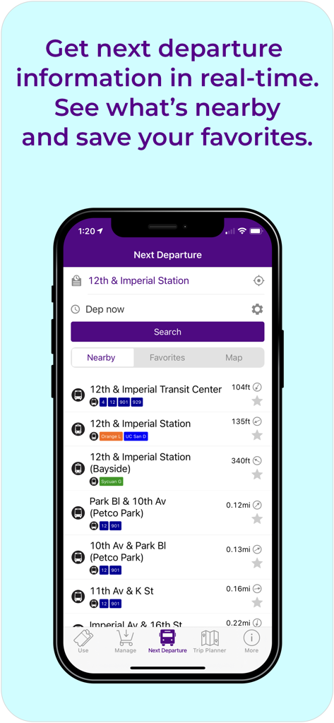 Pronto - San Diego - Tela de próximas partidas no aplicativo Pronto mostrando informações de transporte em tempo real e paradas próximas em San Diego