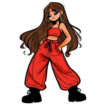 girl in baggy pants crop top and long hair