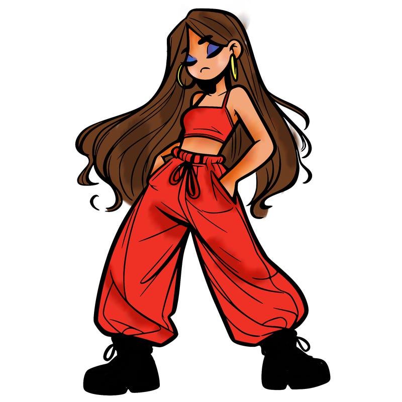 girl in baggy pants crop top and long hair
