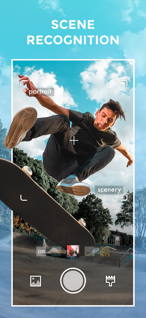 FilterRoom - Face Editor - FilterRoom app interface demonstrating AI scene recognition identifying portrait and scenery of a skateboarder