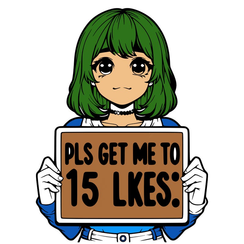 realistic girl holding up a sign that says “pls get me to 15 likes!”