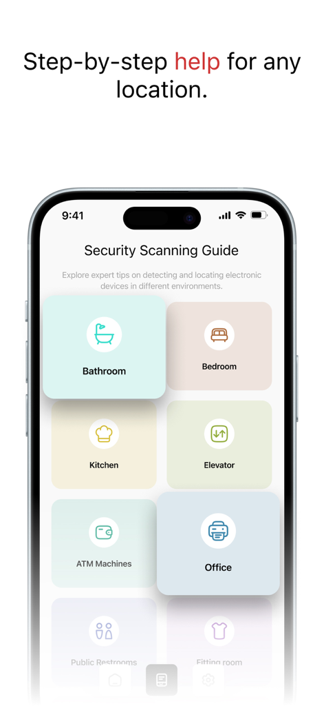 Device Detect - Scanner Secret - Screenshot of Device Detect app showing a security scanning guide with step by step instructions for different locations like bathroom bedroom and office