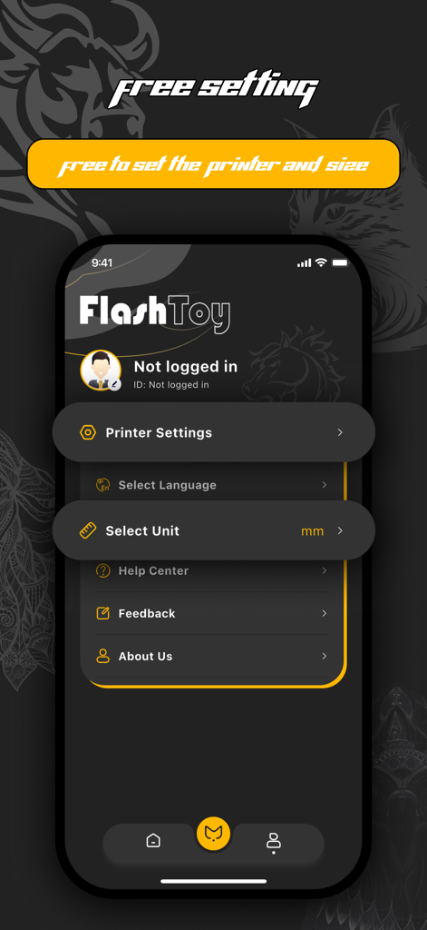 Pantalla de configuración de la aplicación FlashToy que muestra opciones para la configuración de la impresora y la selección de unidades.