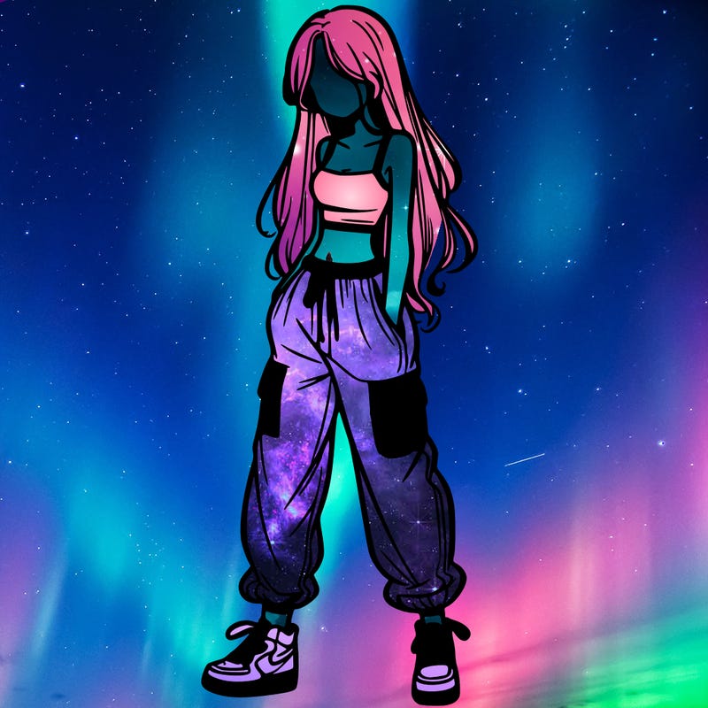 girl in baggy pants crop top and long hair