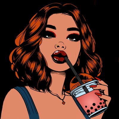 realistic girl with glossy lips holding boba