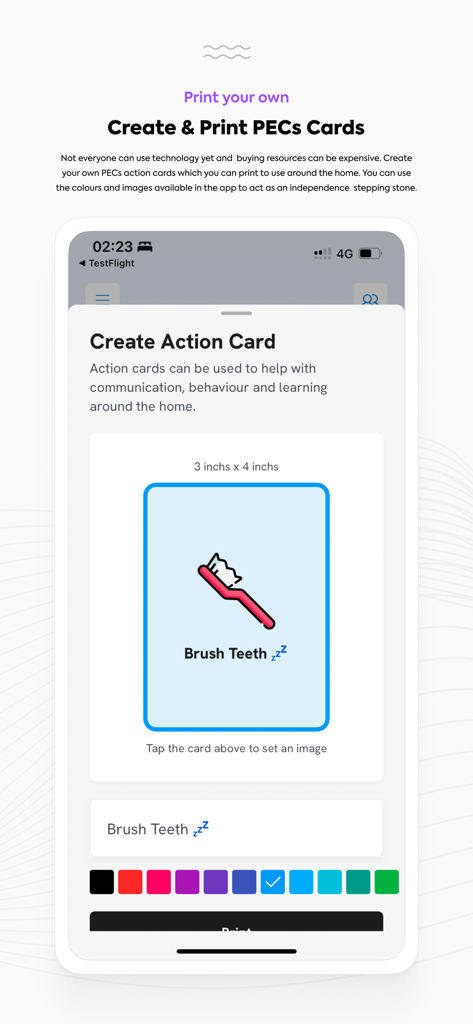 Interface of the Thruday app showing the creation of a custom printable PECS card for brushing teeth