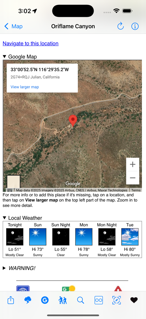 Boondocking app screen showing Oriflame Canyon satellite map and weekly weather forecast