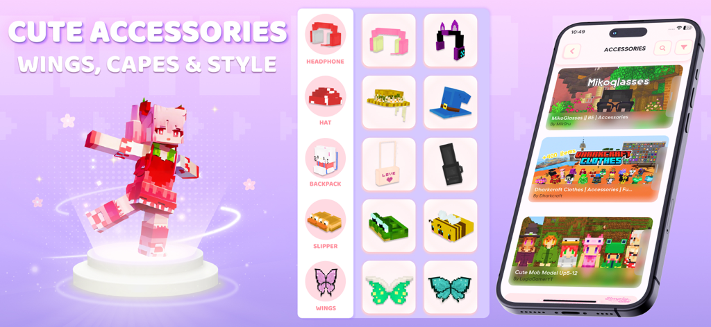 A mobile app interface displaying various kawaii Minecraft accessories like wings, hats, and backpacks for custom character skins