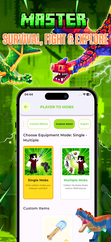 Morph Addons Maker for MCPE - App interface showing options for single and multiple mob morphing modes in Minecraft