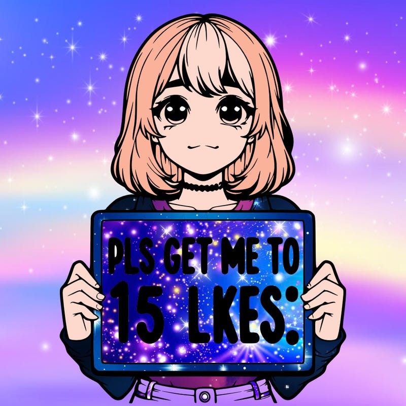 realistic girl holding up a sign that says “pls get me to 15 likes!”