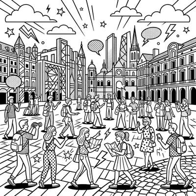 Dive into a vibrant Pop Art adventure with this exciting coloring page featuring bustling tourist crowds in a dynamic city scene. Unleash your creativity as you bring famous landmarks and energetic travelers to life with bold colors.