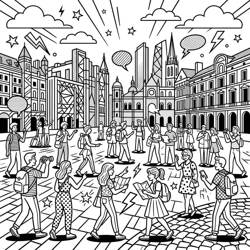 Dive into a vibrant Pop Art adventure with this exciting coloring page featuring bustling tourist crowds in a dynamic city scene. Unleash your creativity as you bring famous landmarks and energetic travelers to life with bold colors.