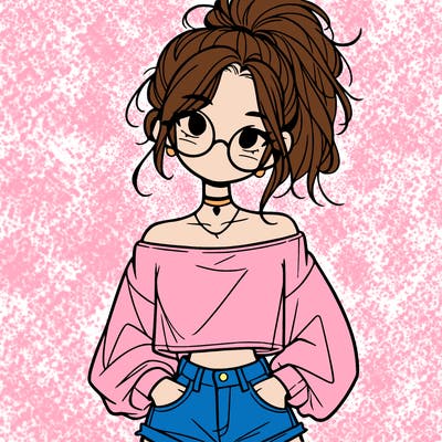 girl with a messy ponytail glasses a baggy crop top and jean shorts