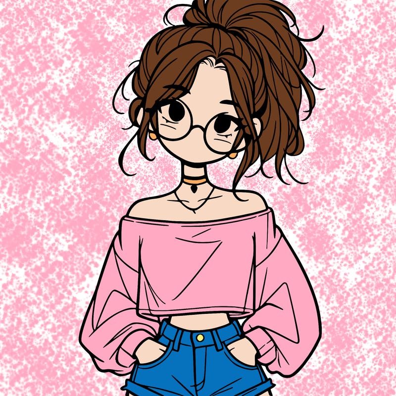 girl with a messy ponytail glasses a baggy crop top and jean shorts