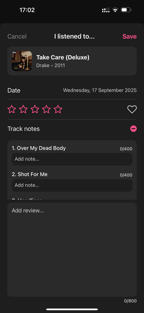 Crate app interface for logging an album with star ratings and track notes